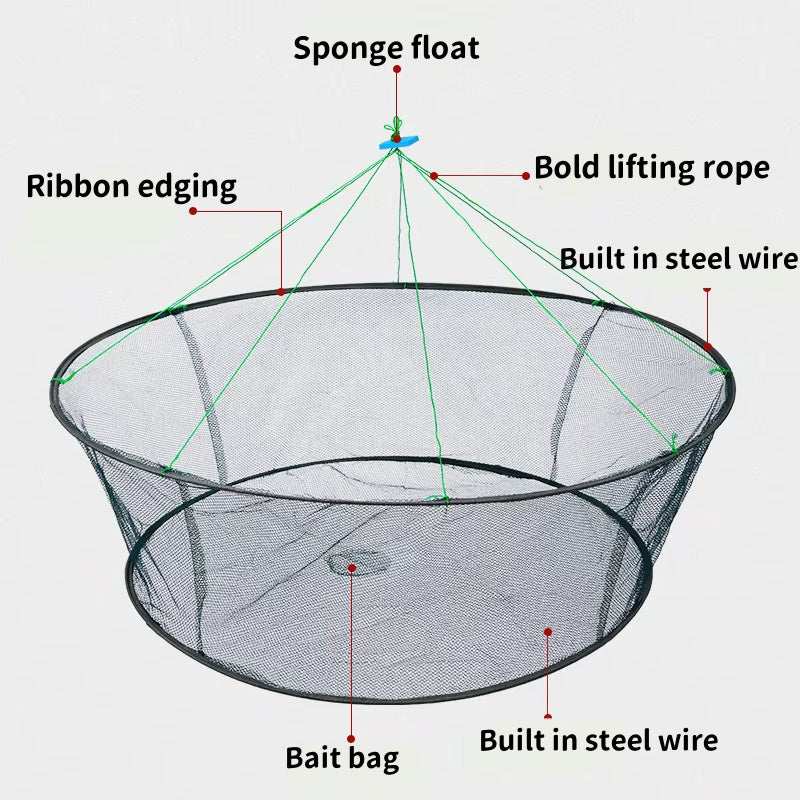 80CM Loose Mouth Folding Drop Fishing Net Shrimp Catcher Tank Casting Network Fish Eels Trap Cage Prawn Bait Crab Netting