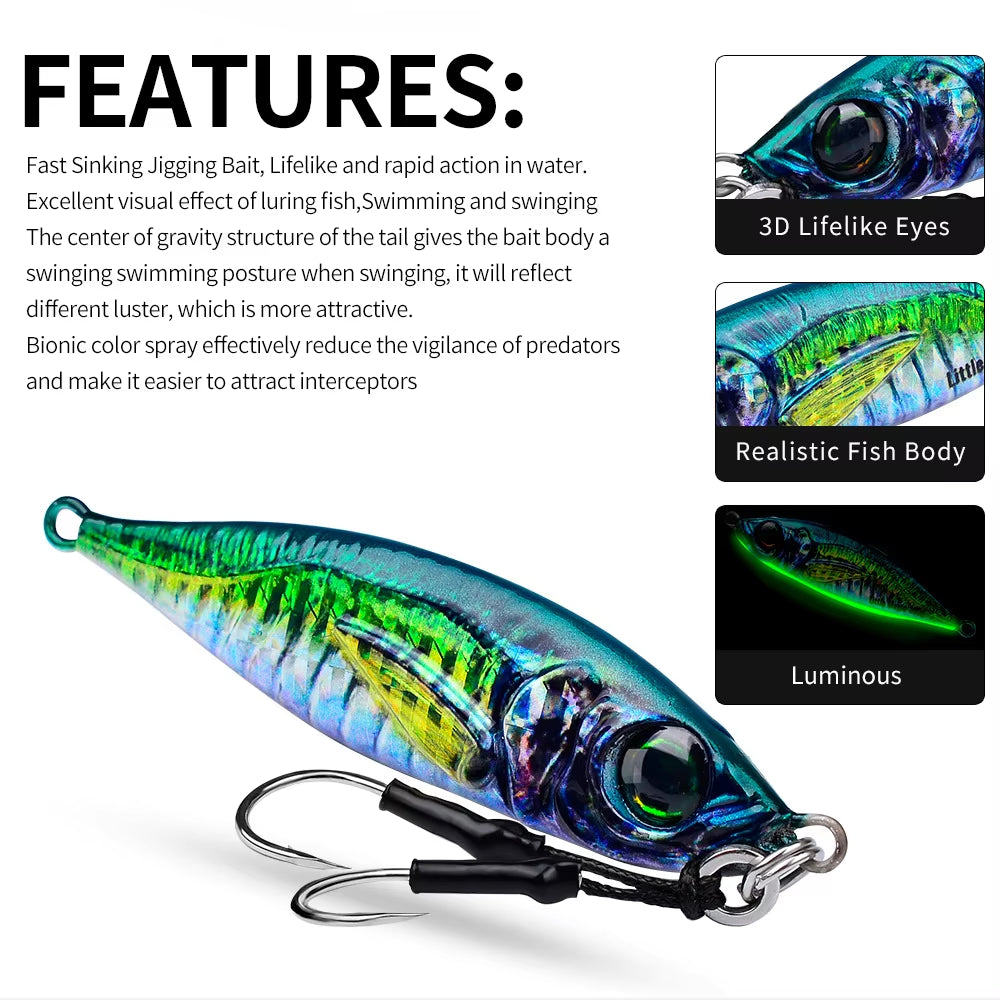 Metal Slow Fishing Jigs Luminous Slow Jigging Lure 7-80G Casting Saltwater Grouper Tuna Trolling Fishing Spoon Bait