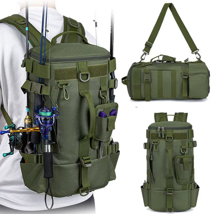 Tactical Fishing Backpack Tackle Bag with Rod Holders Fish Equipment Storage Molle Camping Hiking Outdoor Multifunctional Bag