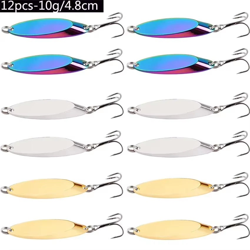 12Pcs Metal Spinner Spoon Lures Trout Fishing Lure Hard Bait Sequins Paillette Artificial Baits Spinnerbait Fish Tools 1.5G-56G