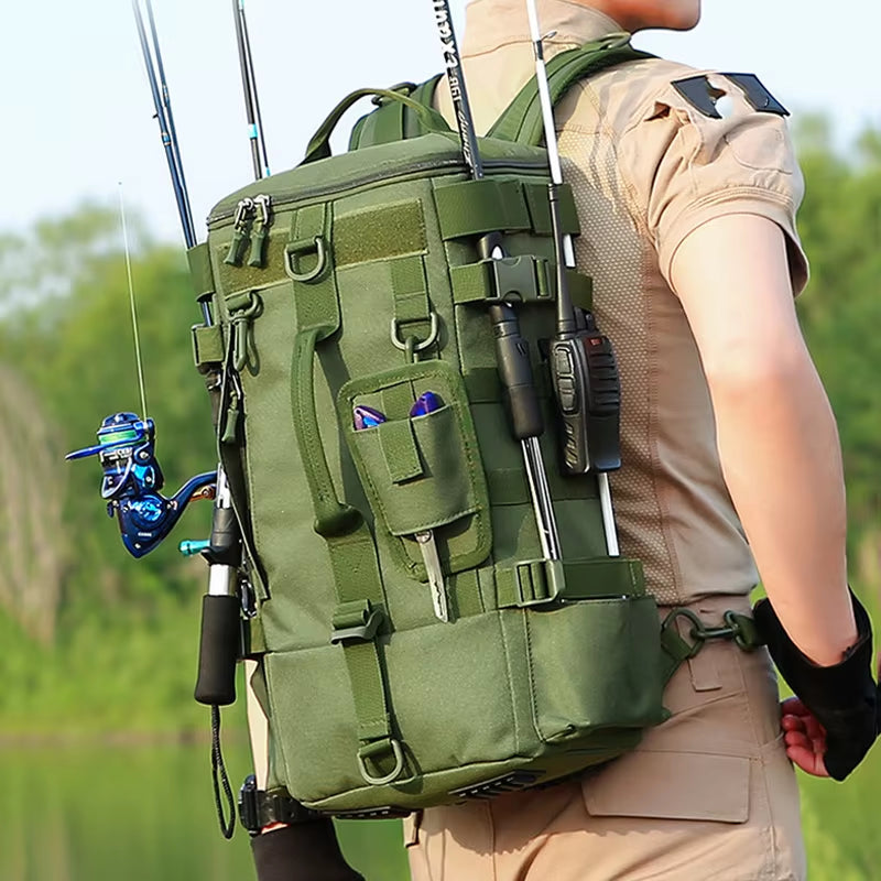 Tactical Fishing Backpack Tackle Bag with Rod Holders Fish Equipment Storage Molle Camping Hiking Outdoor Multifunctional Bag