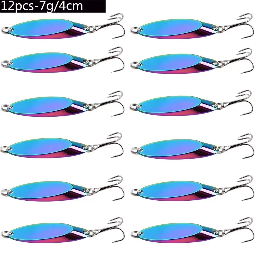 12Pcs Metal Spinner Spoon Lures Trout Fishing Lure Hard Bait Sequins Paillette Artificial Baits Spinnerbait Fish Tools 1.5G-56G