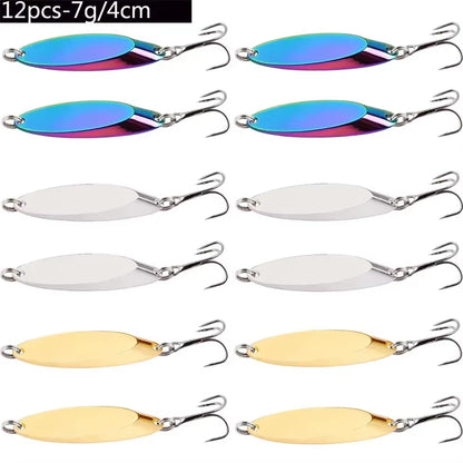 12Pcs Metal Spinner Spoon Lures Trout Fishing Lure Hard Bait Sequins Paillette Artificial Baits Spinnerbait Fish Tools 1.5G-56G