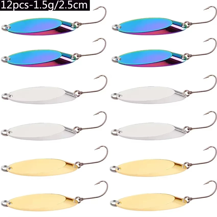 12Pcs Metal Spinner Spoon Lures Trout Fishing Lure Hard Bait Sequins Paillette Artificial Baits Spinnerbait Fish Tools 1.5G-56G