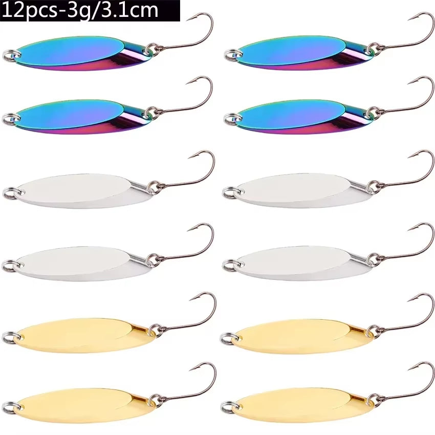 12Pcs Metal Spinner Spoon Lures Trout Fishing Lure Hard Bait Sequins Paillette Artificial Baits Spinnerbait Fish Tools 1.5G-56G